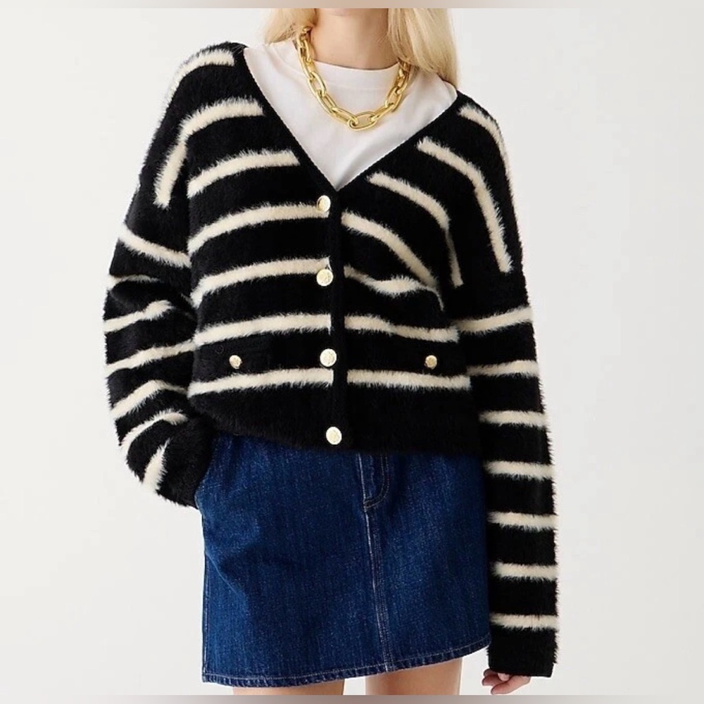 J. Crew Sweater Lady Jacket, Striped Brushed Yarn, Black / Cream, Women’s Small